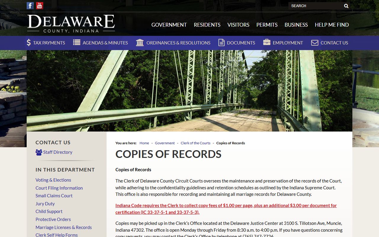Delaware County Clerk of the Circuit Courts copy fees and certified copies