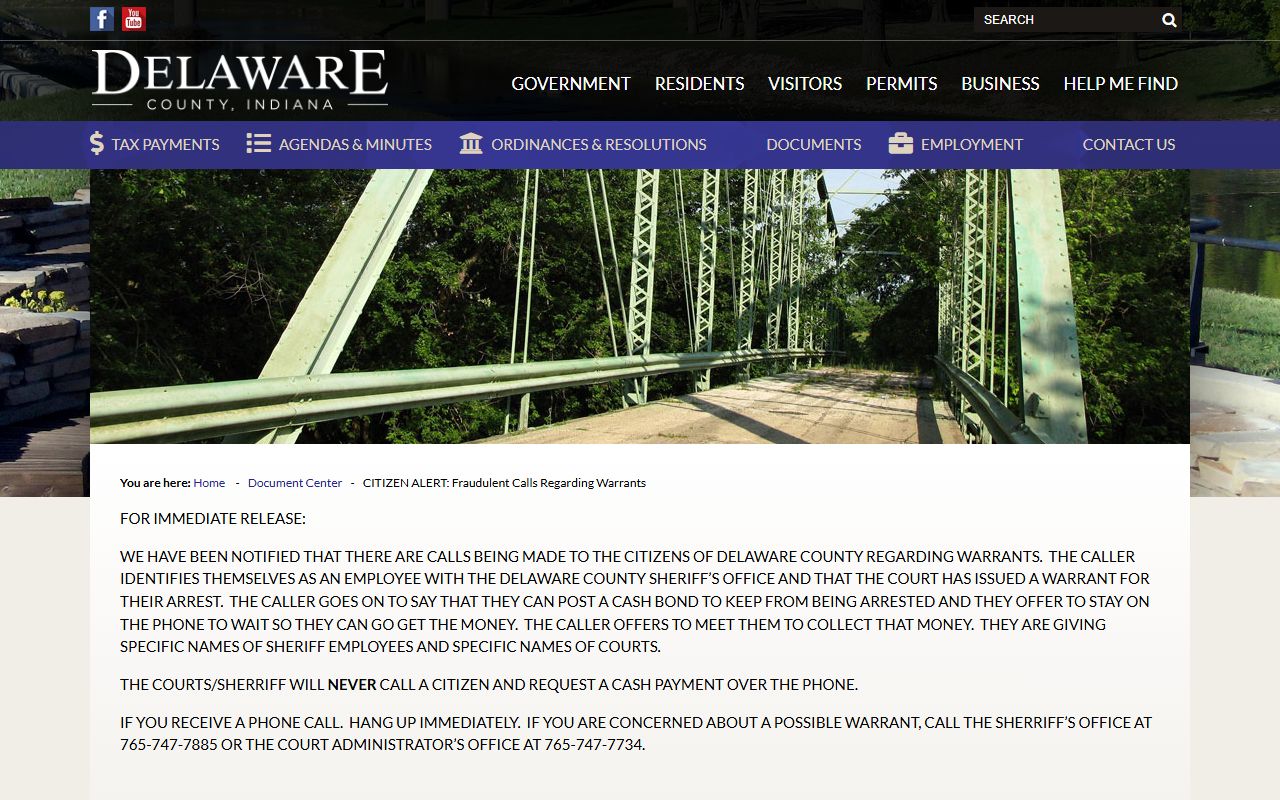 Delaware County warrant search warrant scam alert